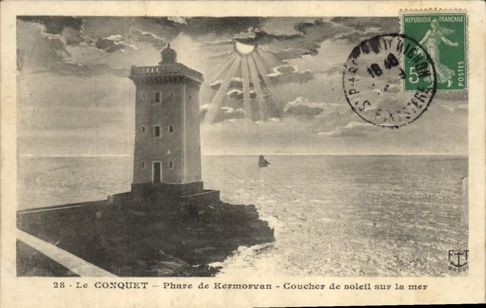 Le Conquet — Leuchtturm Kermorvan — Sonnenuntergang über das Meer - Vorderseite