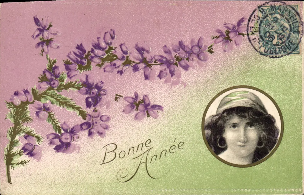 Gutes Neues Jahr — violette Blumen und Porträt einer Frau — Verlag nicht sichtbar - Vorderseite