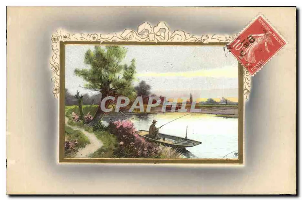 Pescador em barco — paisagem fluvial — editor não visível - Frente