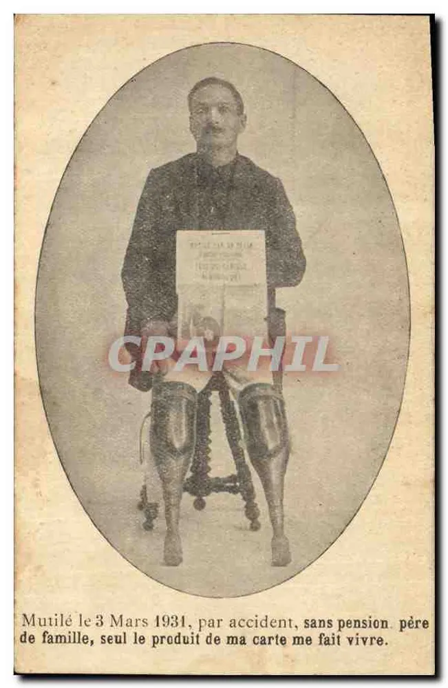 Uczyniony niepełnosprawny — wypadek z 3 marca 1931 — bez emerytury — ojciec rodziny — karta mutuel - Awers