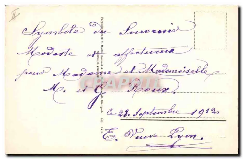 Arranjo de myosotis — símbolo de lembrança — editor G. Rommel & Cie, Stuttgart - Verso