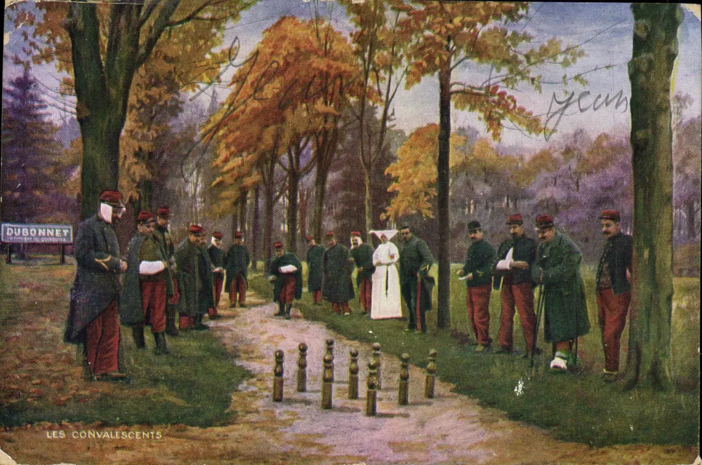 Les Convalescents — scène de jeu de bâtonnets dans un parc d'automne — éditeur DUBONNET - Vorderseite
