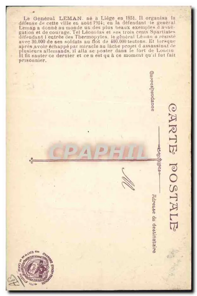 General Léman — Verteidiger von Liège — Vélemens Thiéry, Marseille - Rückseite