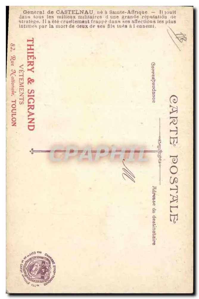 Geral de Castelnau — Nascido em Sainte-Afrique — Editor Thiéry & Sigrand, Toulon - Verso