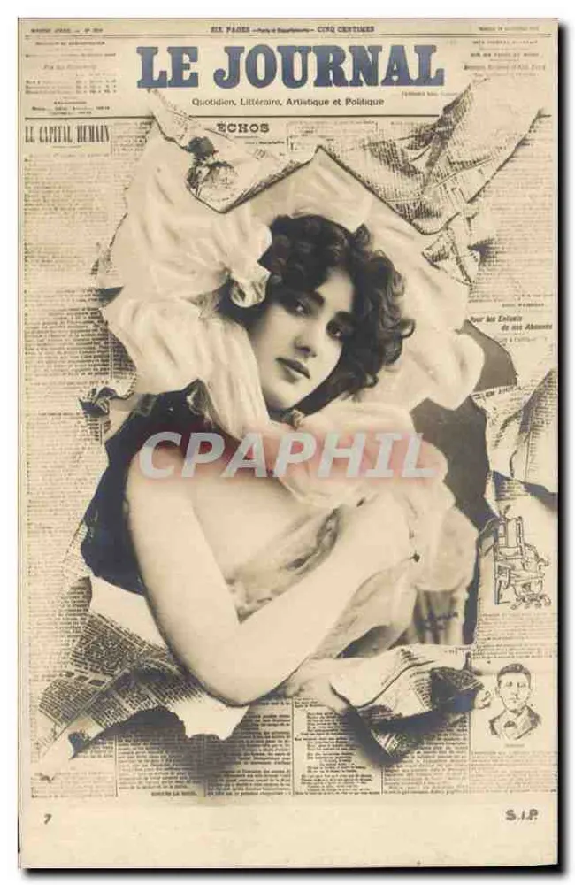 Mujer desnuda rodeada de periódicos — portada del periódico 'Le Journal' — edición S.I.P. - Anverso