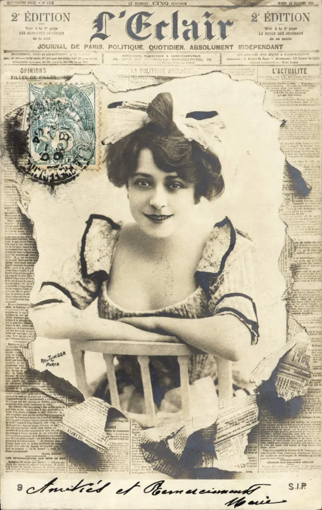 Junge Frau — Portrait auf Zeitungshintergrund — L'Éclair, 2. Ausgabe - Vorderseite