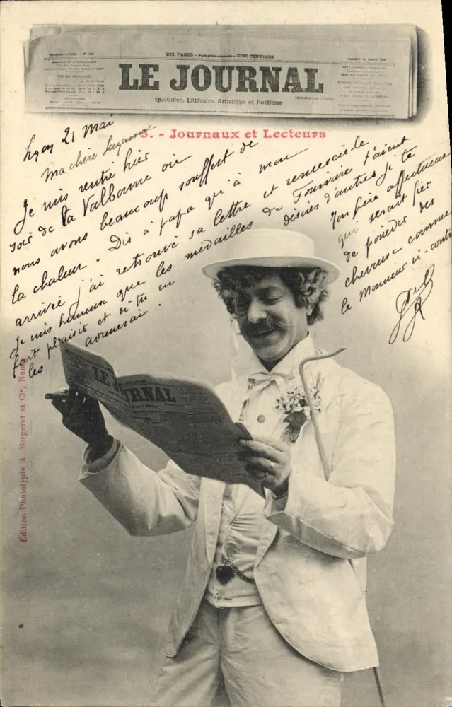 Mann in Clownerkleidung, der Le Journal liest — Phototypie-Ausgabe A. Bergeret et Cie, Nr. 3 - Vorderseite
