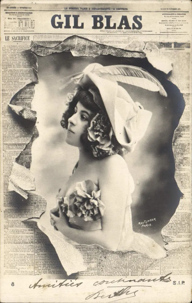 Frau mit Blumenhut — 'Le Sacrifice' — Gil Blas, veröffentlicht von Reutlinger, Paris - Vorderseite