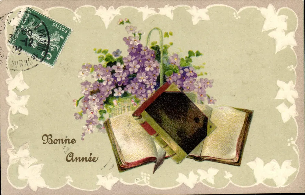 Mata de lilás e livros abertos — Boa Ano — Impressa na Alemanha - Frente