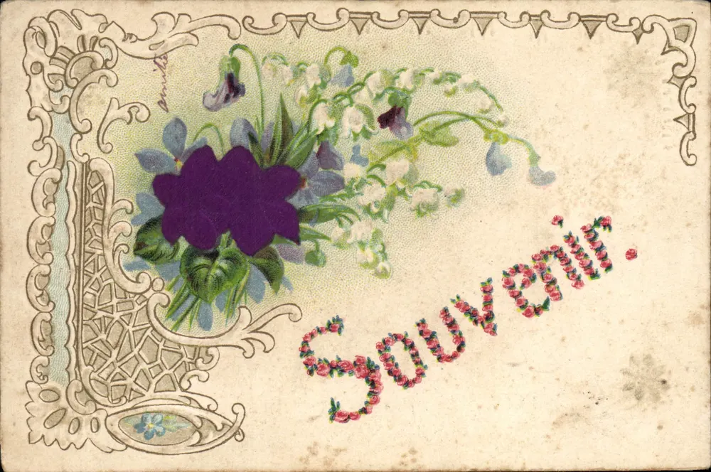 Buquê de violetas e de muguet — Lembrança — K. F. Editores, Paris, Série 1016 - Frente