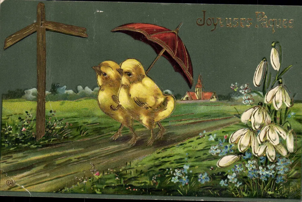 Zwei Küken unter einem Regenschirm — Frohe Ostern — Verlag CAS - Vorderseite