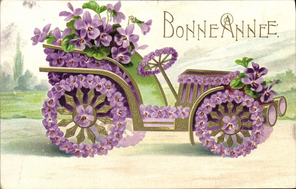 Carro decorado com violetas — Boa Ano — K. F. Éditeurs, Paris, série O1283 - Frente