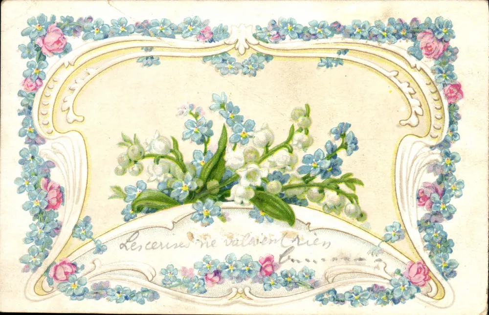 Flores e lily-of-the-valley — 'As cerejas não valiam nada' — Carta postal - Frente