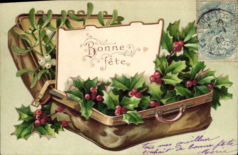 Carta de desejo de Natal — mala decorada com visco — editor não identificado - Frente