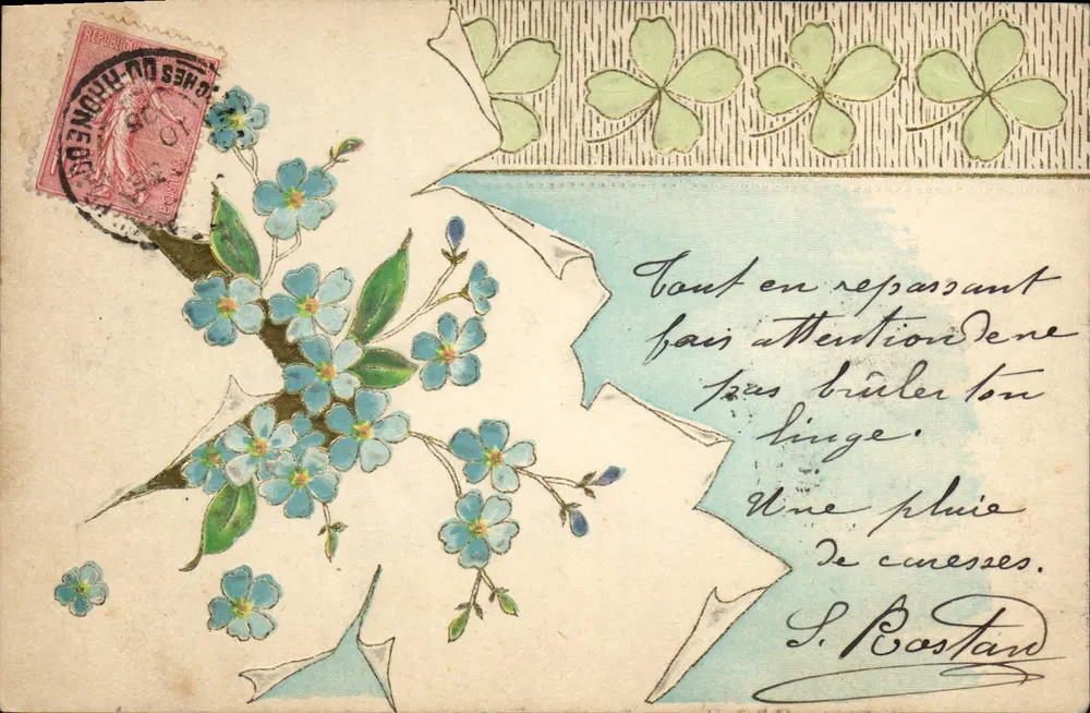 Flores azuis e trevo — carta postal decorativa — editor não identificado - Frente