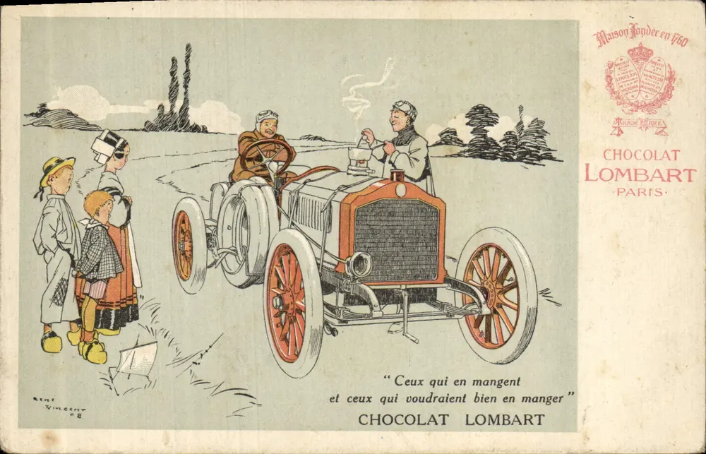 Automobil und Kinder — Werbung für Chocolat Lombart — Zeichnung von Vincenot - Vorderseite