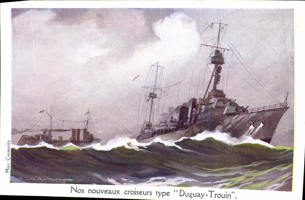 Nossos novos cruzadores tipo "Duguy-Trouin" — ilustração de Max Cremnitz — Ligue Maritime et Coloniale - Frente