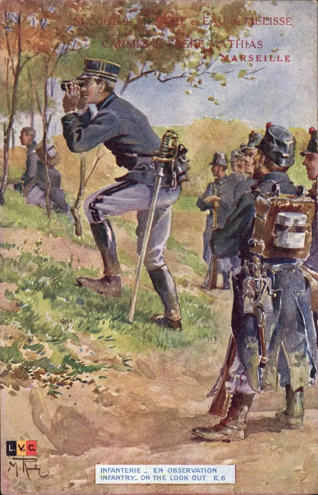 Infanterie bei Beobachtung — Soldaten in Infanterieuniform, die mit Ferngläsern beobachten — Verlag L.V.C. und Nr. K.6 - Vorderseite
