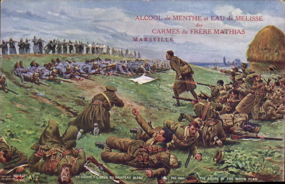 Soldados em guerra — O abuso da bandeira branca — publicidade para Alcool de Menthe & Eau de Mélisse dos Carmelitas do Frère Mathias, Marselha - Frente