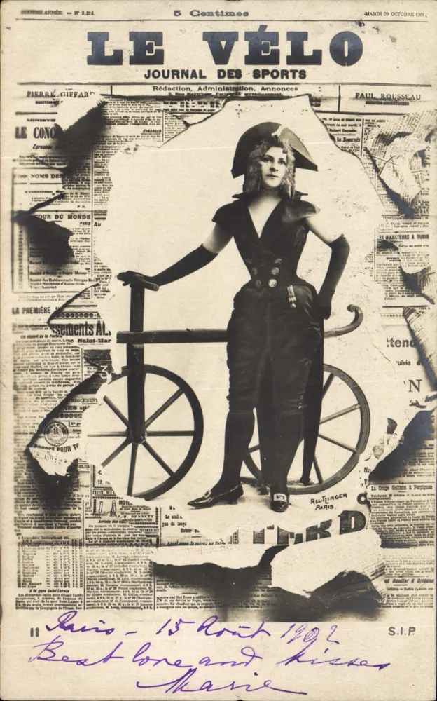 Mulher em traje de ciclista — O Vélo, jornal dos esportes — editor Reutlinger Paris, n° 3 - Frente
