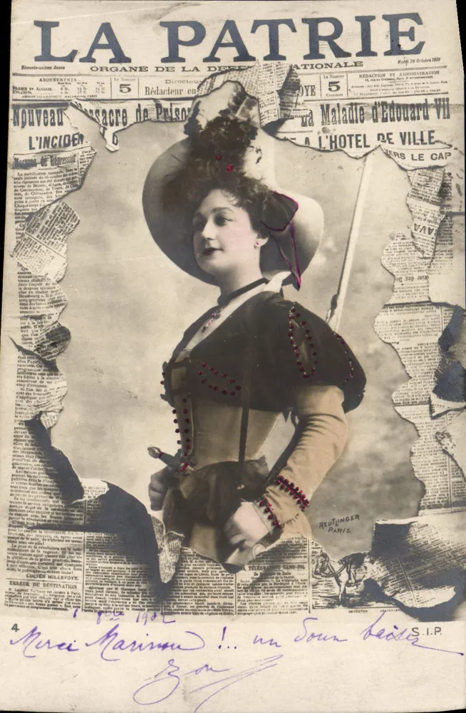 Mulher em traje da época — A Patrie, órgão da delegação nacional — Reutinger, Paris - Frente