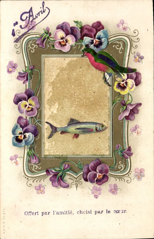 Abril — pássaro e peixe em um quadro floral — A.&M.B. N°276 - Frente