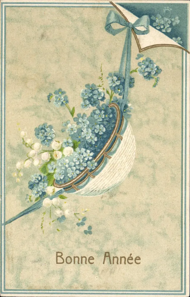 Arranjo de flores azuis e brancas em um cesto — Boa Ano — União Postal Universal - Frente