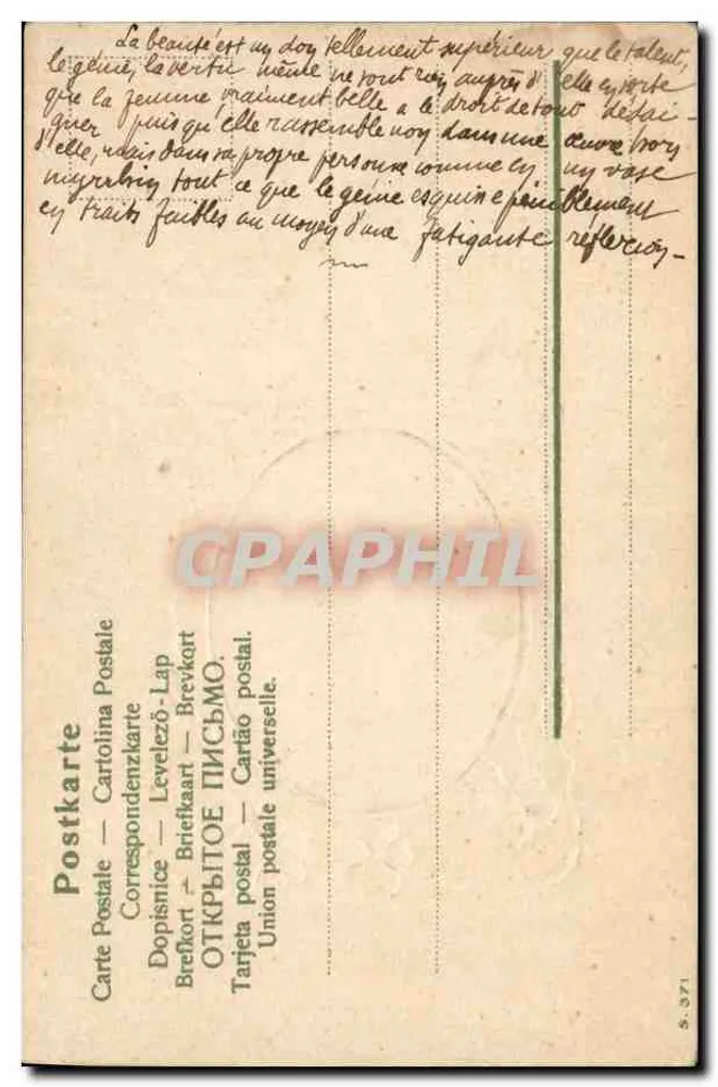 Junge Frau mit Blumenhut — Dekorative Art Nouveau-Ansichtskarte — Verlag S. 371 - Rückseite
