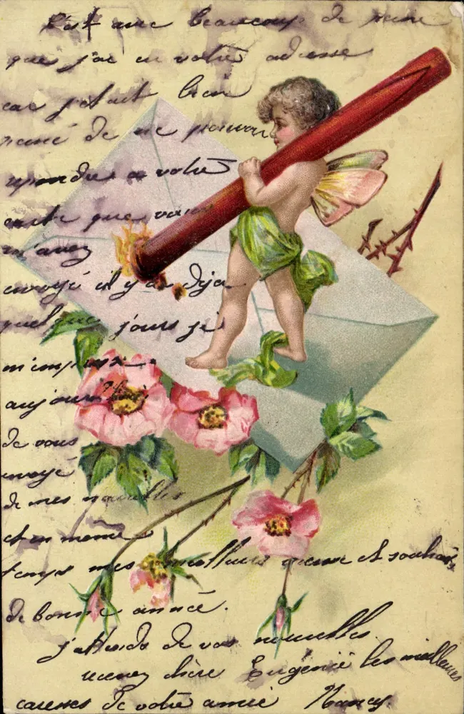 Cupidon alado segurando uma pena — rosas — editor Série 3315 - Frente
