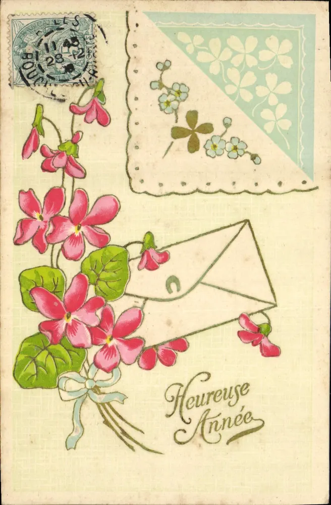 Flores e envelope — Feliz Ano — editor não visível - Frente