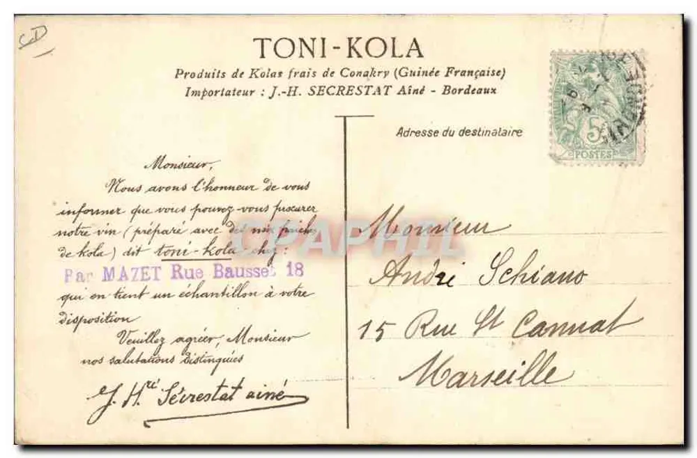 Toni-Kola — Werbung für Tonikum — Verlag J.-H. Secrestat, Conakry - Rückseite