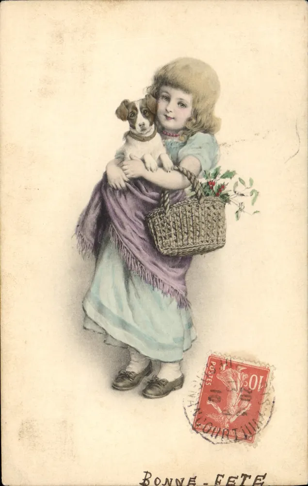 Mädchen mit einem Hund und einem Korb — Frohe Feiertage — M. M. MUNK, Nr. 238 - Vorderseite