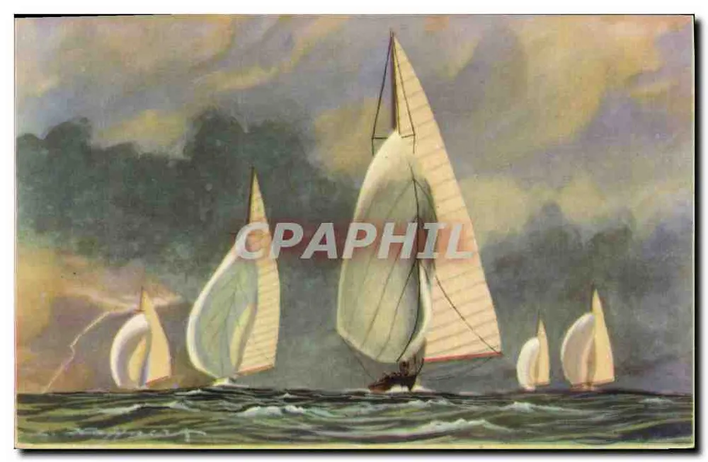 Sechs Masten der internationalen Klasse, die unter ihrer Großsegel und ihrem Spinnaker unter Wind von hinten segeln — Sammlung der Seefahrt- und Kolonialliga - Vorderseite