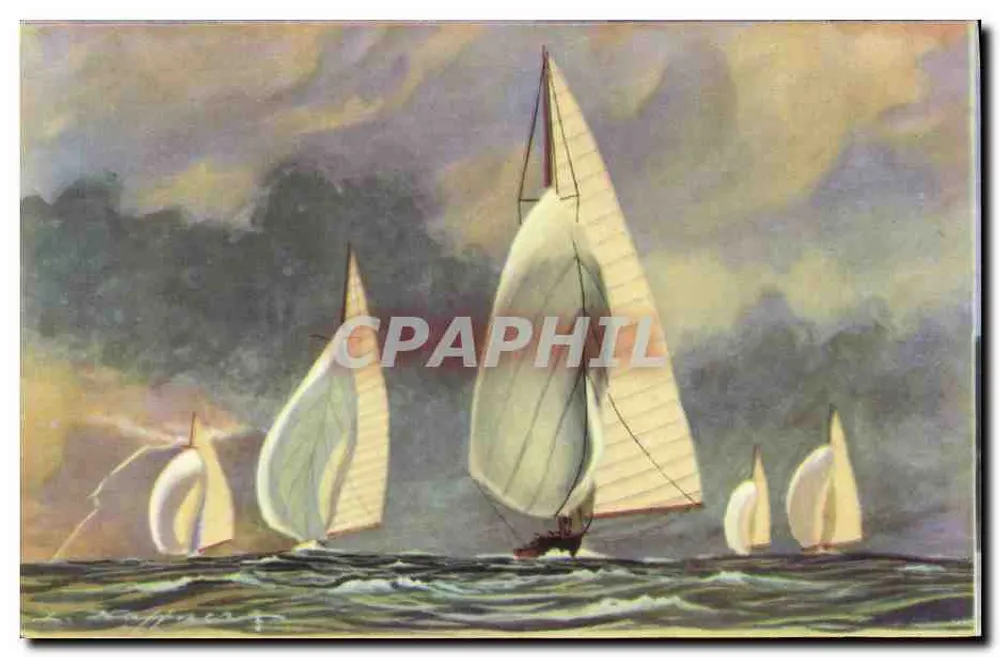 Sechs Meter der internationalen Maßzahl, die unter ihrem Großsegel und Spinnaker segeln — Sammlung der Seefahrt- und Kolonialliga, AEC Paris - Vorderseite