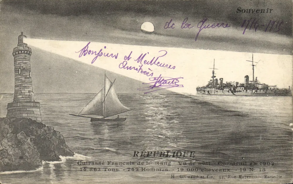 Cruiser Francês de Primeira Classe — Vista noturna — Construído em 1902 — H. Grimaud et Cie, Marselha - Frente