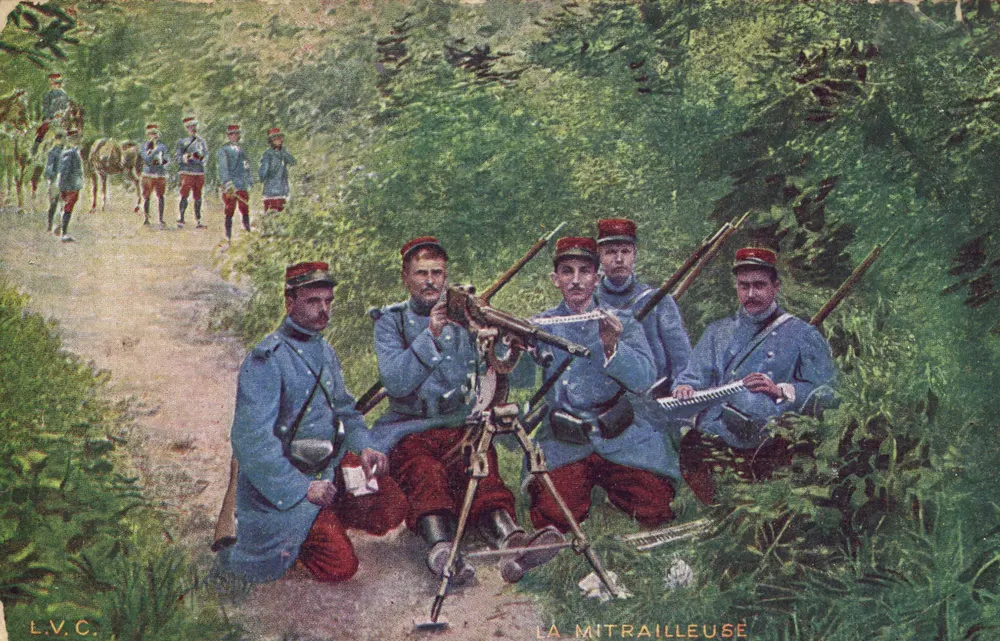 Soldats français avec la mitrailleuse — scène de campagne — éditeur L.V.C. n° 123 - Frente