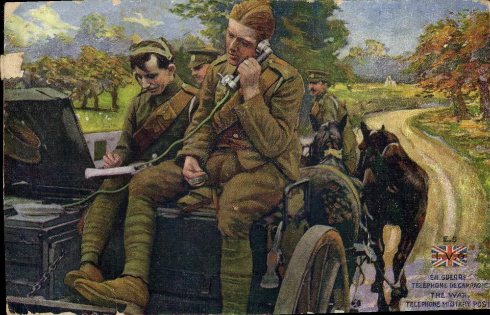 Soldats britanniques utilisant un téléphone militaire en campagne — E.5 — Éditeur : L.V.E. - Frente