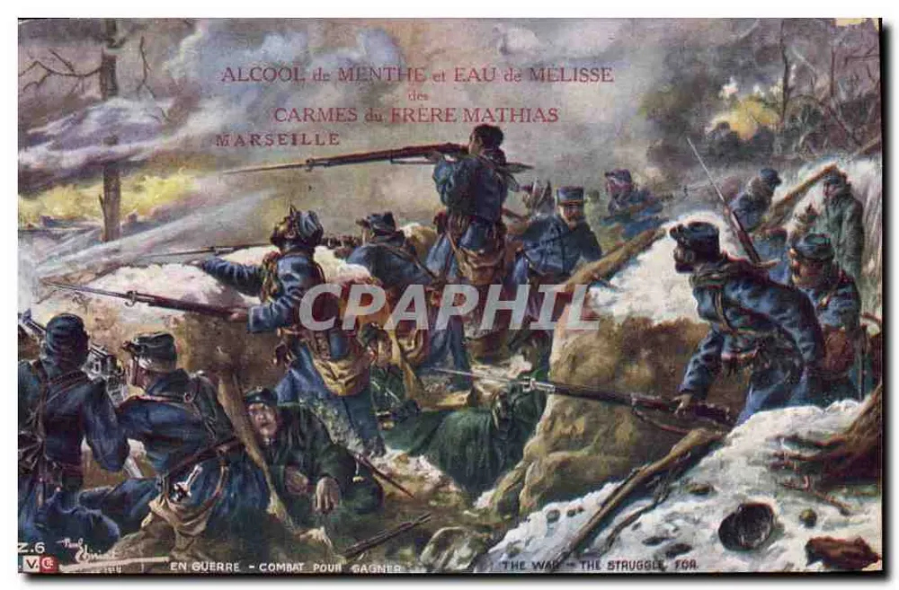 Soldaten im Winterkampf — Minzspirituose & Melissa-Wasser der Carmeliten des Bruders Mathias, Marseille - Vorderseite