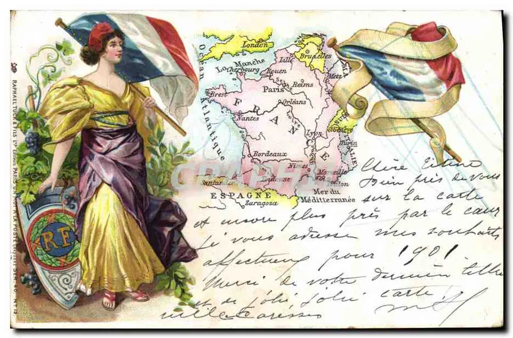 Frankreich — Ansichtskarte mit geografischer Karte und Frau, die Frankreich verkörpert — veröffentlicht von Raphael Tuber & Fils, Paris, Nr. 78 - Vorderseite