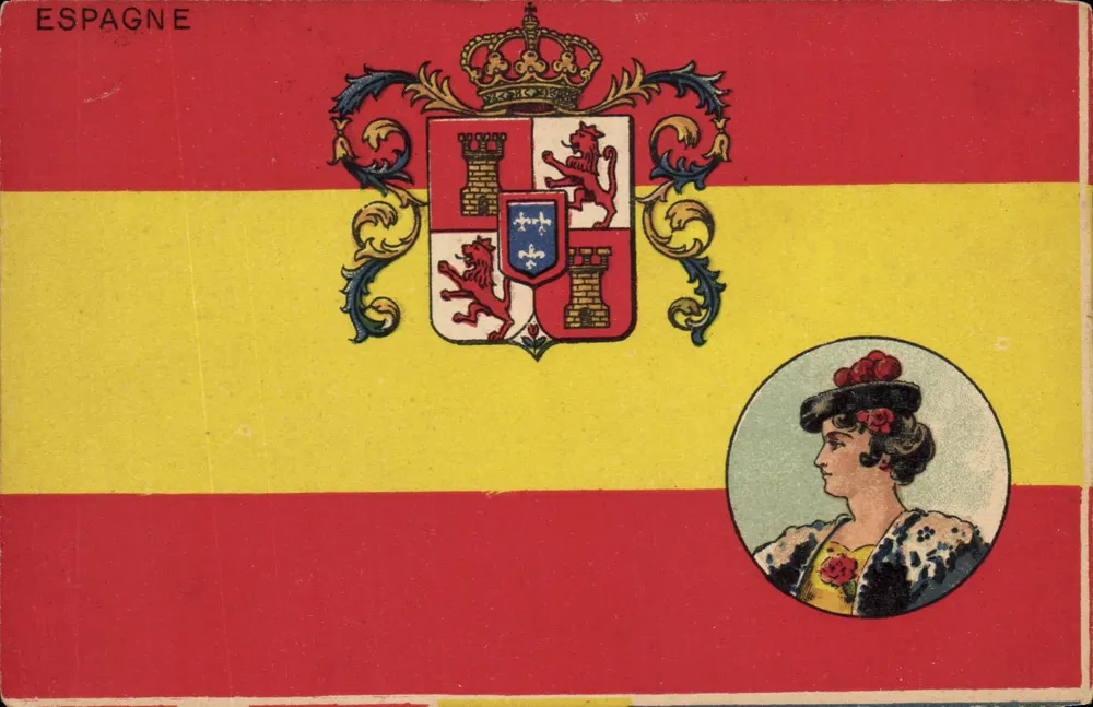 Spagna — bandiera e donna in busto — Magasin Général, Marsiglia - Recto