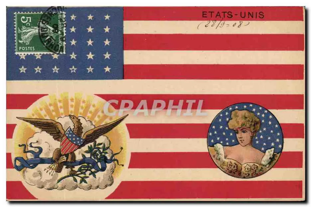 USA — Amerikanische Flagge mit Adler und Frau — Verlag unbekannt - Vorderseite
