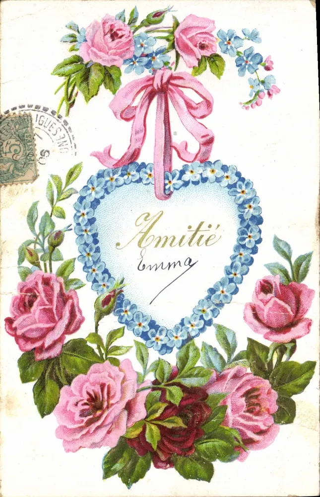 Cartão postal de amizade — coração decorado com rosas e flores — editor desconhecido, número de série não visível - Frente