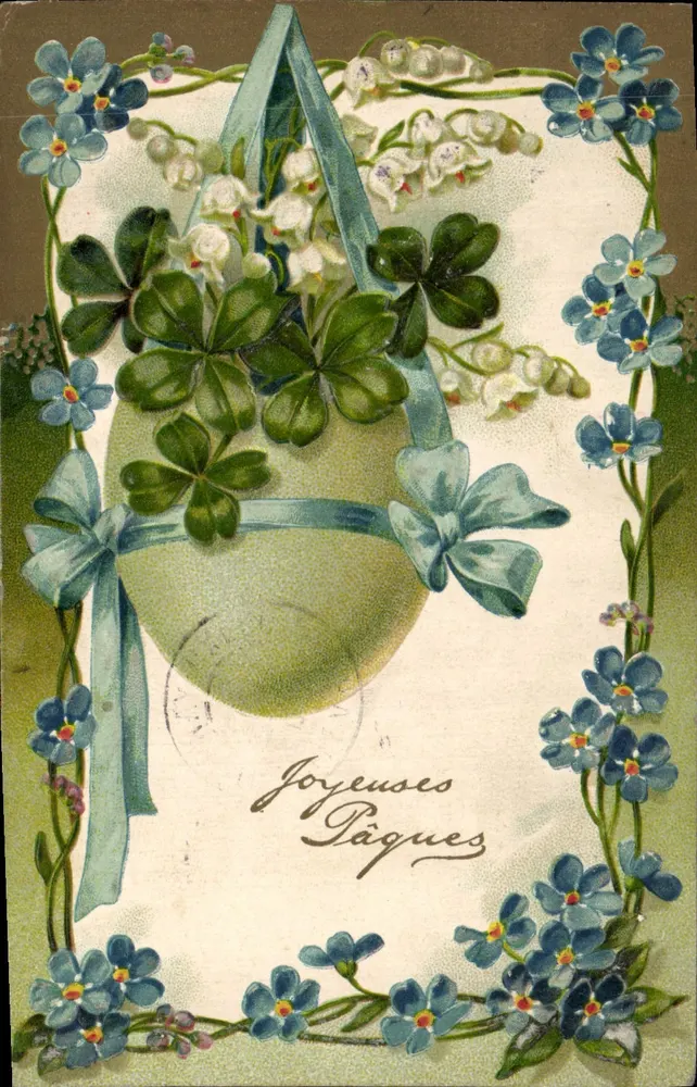 Ovo de Páscoa decorado — flores e trevo — editor não identificado, série 6785 - Frente