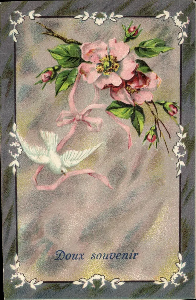 Lindo lembrado — carte postale illustrée com pomba e flores — série 717, editada em Garmisch - Frente