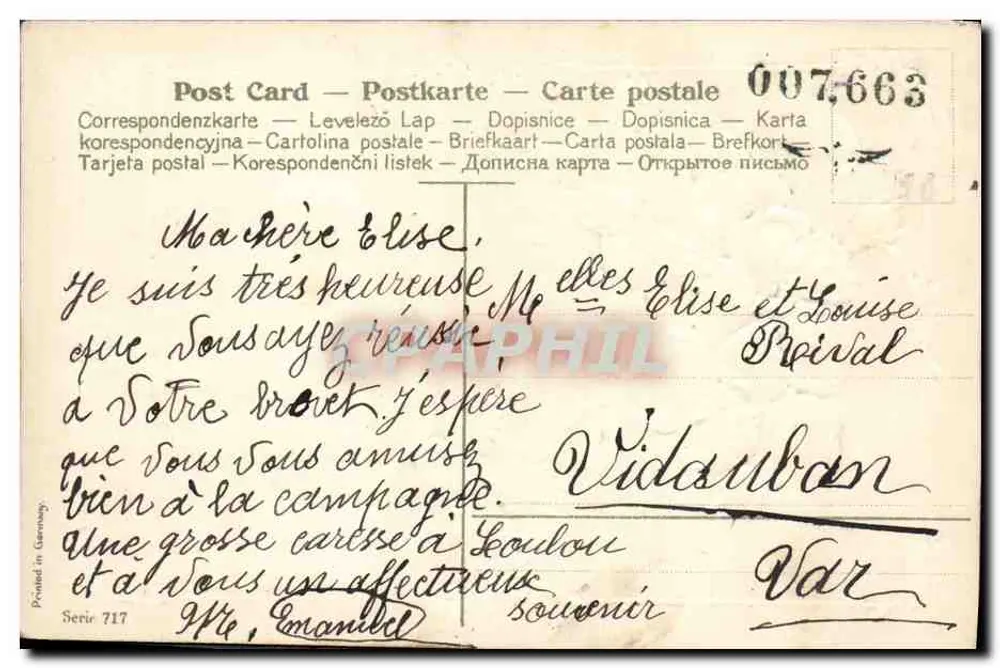 Lindo lembrado — carte postale illustrée com pomba e flores — série 717, editada em Garmisch - Verso