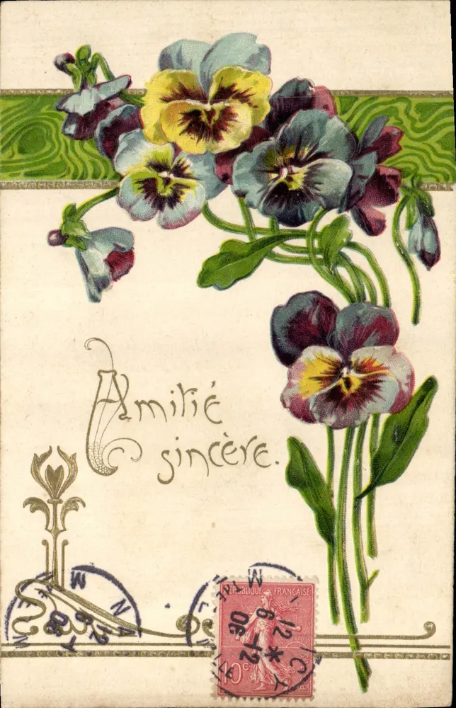 Pansies coloridas — Amizade sincera — Editor não identificado, série 5505 - Frente