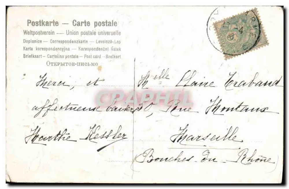 Arranjo de flores violetas em um cesto — ilustração — editor R. (monograma) e número de série não visível - Verso