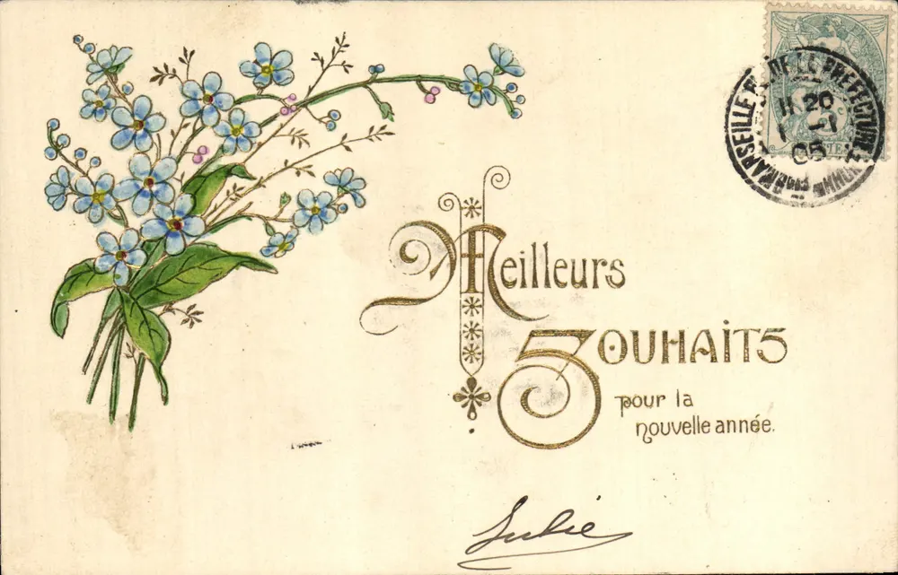 Arranjo de flores azuis — Melhores Desejos para o novo ano — editor não visível - Frente