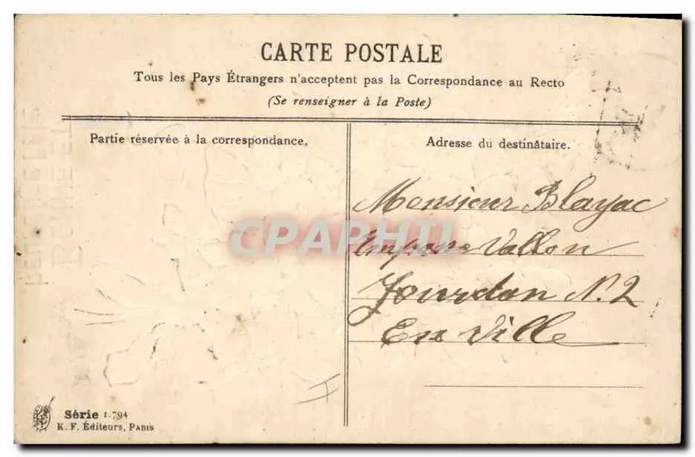 Bouquet de violetas — Bonne et heureuse fête — K. F. Éditeurs, Paris, Série 1-794 - Verso