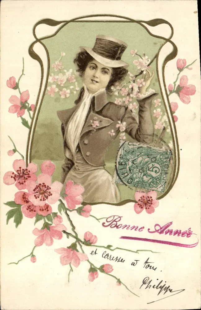 Frau im Zylinderhut — Kirschblüten — Verlag Wenzl & Neumann, Nr. S 369 - Vorderseite